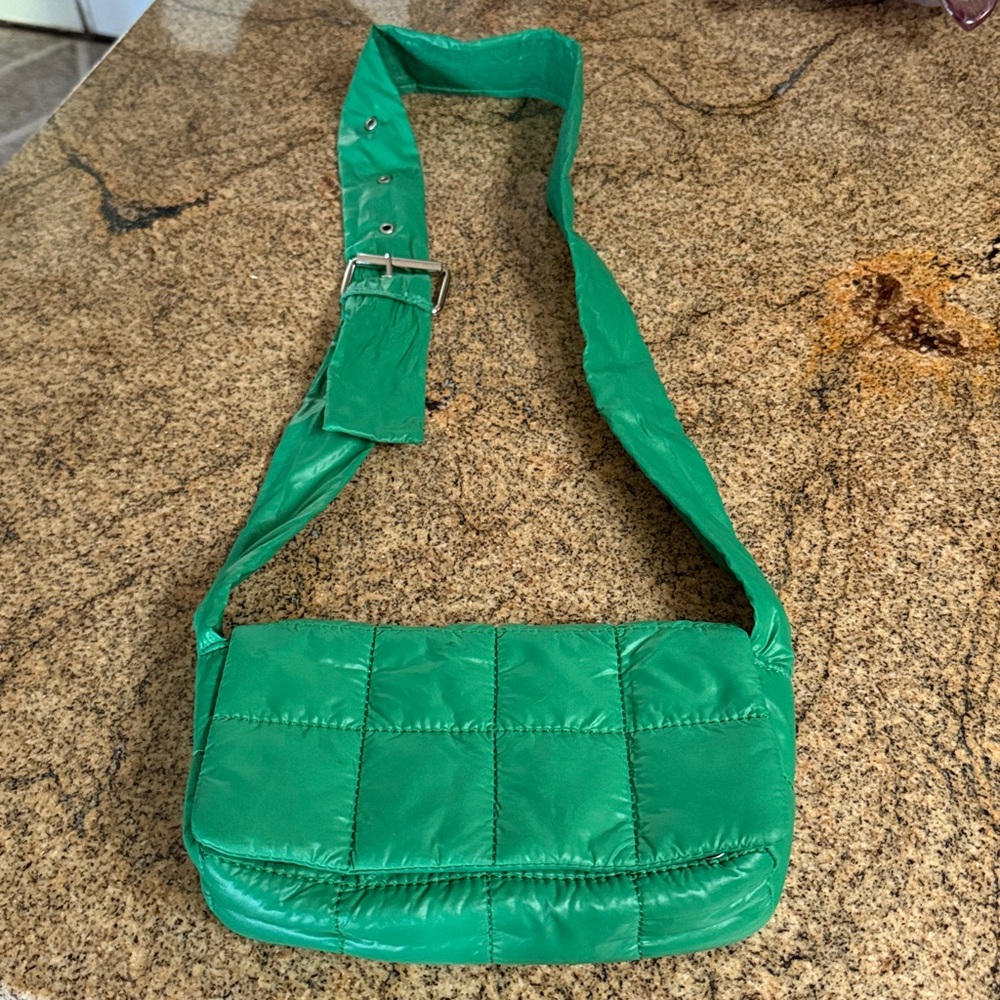Puffy Foldover Clutch Green Crosby/ Shoulder  Polyester W. 9” H. 5” D. 2”